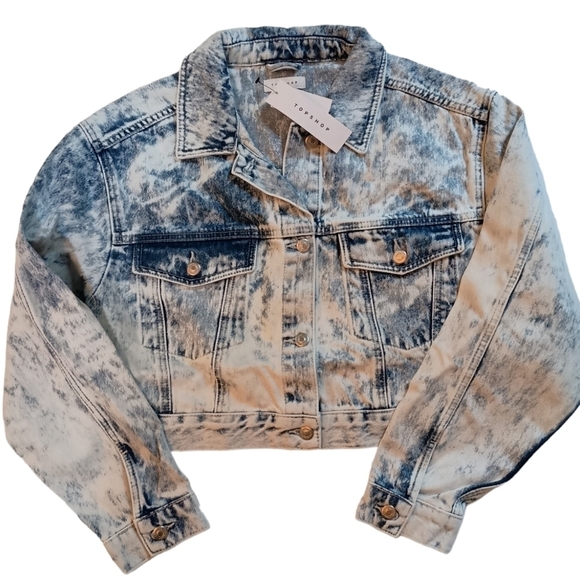 TOPSHOP Acid Wash Cropped Denim Jacket Bleach Blue Size 2 or 10 - Picture 1 of 6